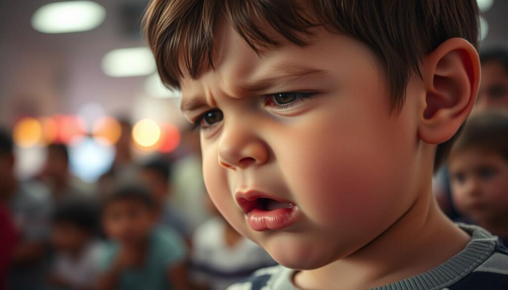 A young child's face, brow furrowed in concentration, struggles to form words, their lips and tongue moving with apparent difficulty. In the background, a cacophony of sensory stimuli - bright lights, bustling activity, jarring sounds - overwhelm and distract, hindering the child's ability to communicate. The scene is captured in a muted, dreamlike palette, conveying the child's internal experience of sensory processing challenges. A soft, diffused light casts subtle shadows, highlighting the tension in the child's expression. The composition draws the viewer's gaze inward, inviting empathy and understanding for the obstacles faced in speech development.
