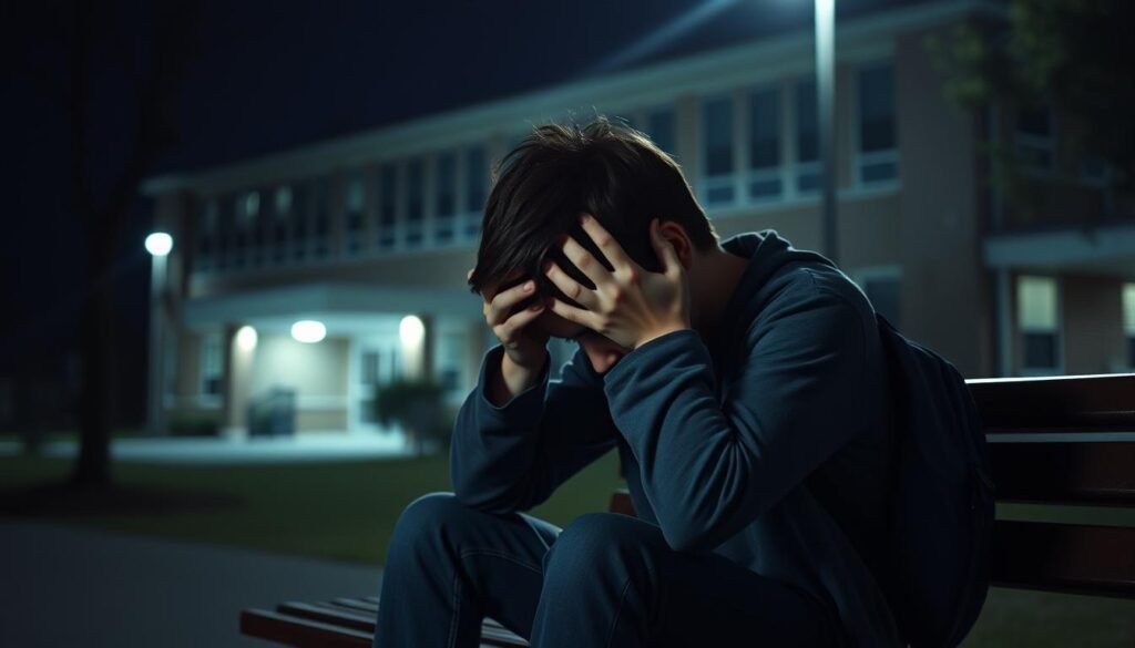 A young student sits on a bench, head in hands, overwhelmed by sensory overload after a busy school day. The dim lighting and muted colors convey a sense of exhaustion and withdrawal. In the background, the school building looms, a reminder of the demanding environment just left behind. The student's posture, hunched and tense, suggests the weight of social and academic pressures. A soft, shallow depth of field gently blurs the surroundings, focusing the viewer's attention on the student's internal struggle to find calm and composure during this transitional moment. A young student sits on a bench, head in hands, overwhelmed by sensory overload after a busy school day. The dim lighting and muted colors convey a sense of exhaustion and withdrawal. In the background, the school building looms, a reminder of the demanding environment just left behind. The student's posture, hunched and tense, suggests the weight of social and academic pressures. A soft, shallow depth of field gently blurs the surroundings, focusing the viewer's attention on the student's internal struggle to find calm and composure during this transitional moment.