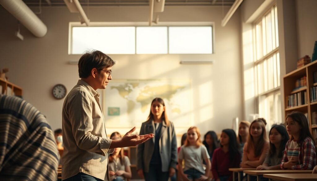 An ethereal classroom, bathed in soft, diffused light streaming through large windows. In the foreground, a teacher stands, hands outstretched, dispelling common misconceptions about autism through engaging visuals and informative materials. The students, faces alight with curiosity, lean in, eager to learn and understand. The middle ground reveals a diverse group, each individual unique, yet united in their quest for knowledge. In the background, a world map and shelves brimming with books symbolize the expansive nature of education, the power to shatter myths and foster empathy. Warm tones and a sense of openness convey the welcoming atmosphere, where understanding and acceptance take root.