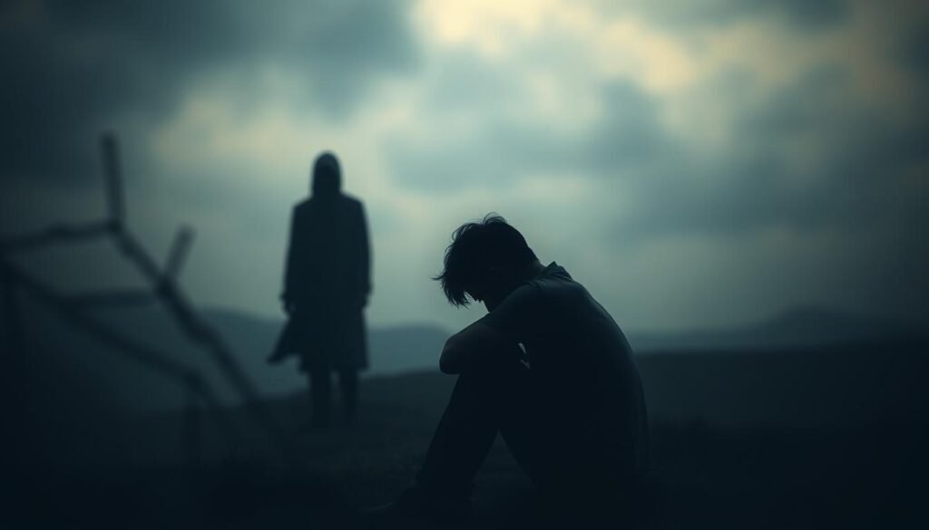An intimate and introspective scene depicting the connection between trauma and emotional responses. In the foreground, a person sits huddled, their body language conveying a sense of vulnerability and overwhelm. Wisps of mist swirl around them, symbolizing the intangible nature of emotional trauma. The middle ground features a shadowy figure, a representation of the haunting memories and unresolved emotions that linger in the psyche. In the background, a moody, atmospheric landscape with muted colors and a sense of unease, reflecting the profound impact of trauma on an individual's internal world. Soft, diffused lighting casts a contemplative, melancholic tone, inviting the viewer to empathize and reflect on the complex interplay between trauma and emotional expression.
