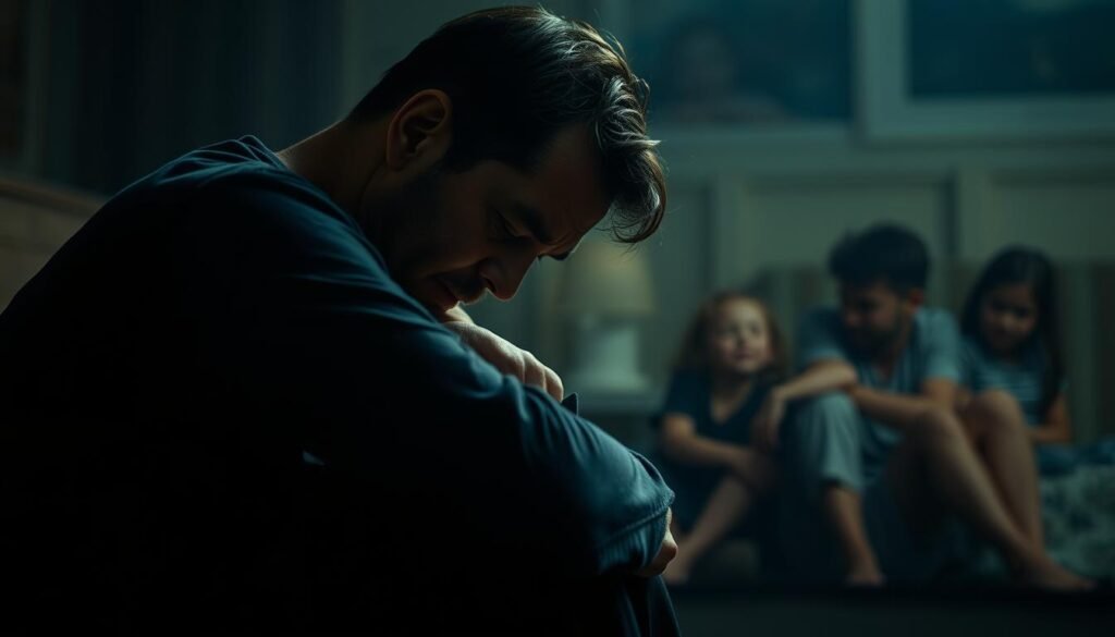 Emotive portrait of a weary parent navigating the emotional waves of autism, portrayed through a cinematic lens. In the foreground, a figure curled in a pensive, vulnerable pose, conveying the weight of caregiver burnout. The middle ground features soft, blurred imagery of joyful family moments, reflecting the bittersweet oscillation between grief and acceptance. The background is shrouded in a muted, atmospheric palette, evoking the introspective, intricate inner journey. Dramatic, low-key lighting casts dramatic shadows, enhancing the sense of emotional complexity. Composed with a shallow depth of field to focus the viewer's attention on the central figure's introspective gaze.