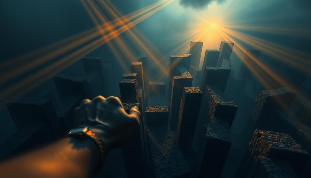 Overcoming Barriers to Support: A determined figure navigates a maze-like landscape, obstacles blocking the path. Shafts of warm, golden light pierce through the gloom, illuminating the way forward. In the foreground, a hand reaches out, grasping for support - a symbol of perseverance and the will to overcome. The middle ground features a tangle of shadowy barriers, each representing a challenge to be surmounted. In the distance, a glimmer of hope shines, drawing the figure onward. The composition evokes a sense of struggle and resilience, capturing the essence of building a strong support system. Overcoming Barriers to Support: A determined figure navigates a maze-like landscape, obstacles blocking the path. Shafts of warm, golden light pierce through the gloom, illuminating the way forward. In the foreground, a hand reaches out, grasping for support - a symbol of perseverance and the will to overcome. The middle ground features a tangle of shadowy barriers, each representing a challenge to be surmounted. In the distance, a glimmer of hope shines, drawing the figure onward. The composition evokes a sense of struggle and resilience, capturing the essence of building a strong support system.