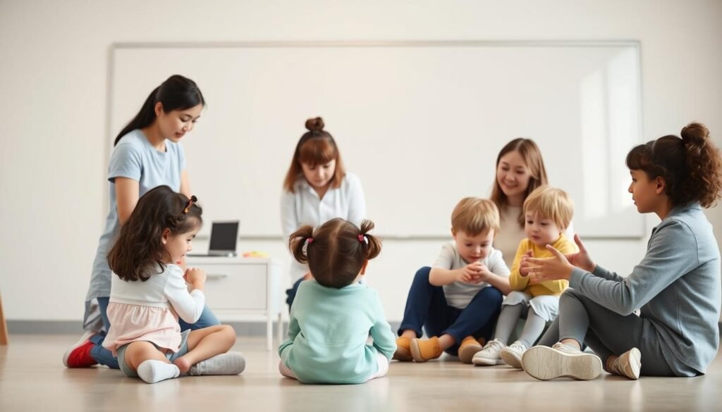 Prompt A crisp, well-lit classroom setting, with an expansive whiteboard wall in the background. In the foreground, a cluster of three children engaged in various therapeutic activities - one working with an occupational therapist on fine motor skills, another collaborating with a speech therapist on communication exercises, and the third participating in a behavioral therapy session with a caring, attentive specialist. The scene conveys a sense of structure, focus, and gentle guidance, capturing the essence of early intervention and the complementary roles of occupational therapy, speech therapy, and behavior therapy. The lighting is soft and natural, creating a warm, inviting atmosphere that encourages learning and growth. Prompt A crisp, well-lit classroom setting, with an expansive whiteboard wall in the background. In the foreground, a cluster of three children engaged in various therapeutic activities - one working with an occupational therapist on fine motor skills, another collaborating with a speech therapist on communication exercises, and the third participating in a behavioral therapy session with a caring, attentive specialist. The scene conveys a sense of structure, focus, and gentle guidance, capturing the essence of early intervention and the complementary roles of occupational therapy, speech therapy, and behavior therapy. The lighting is soft and natural, creating a warm, inviting atmosphere that encourages learning and growth.