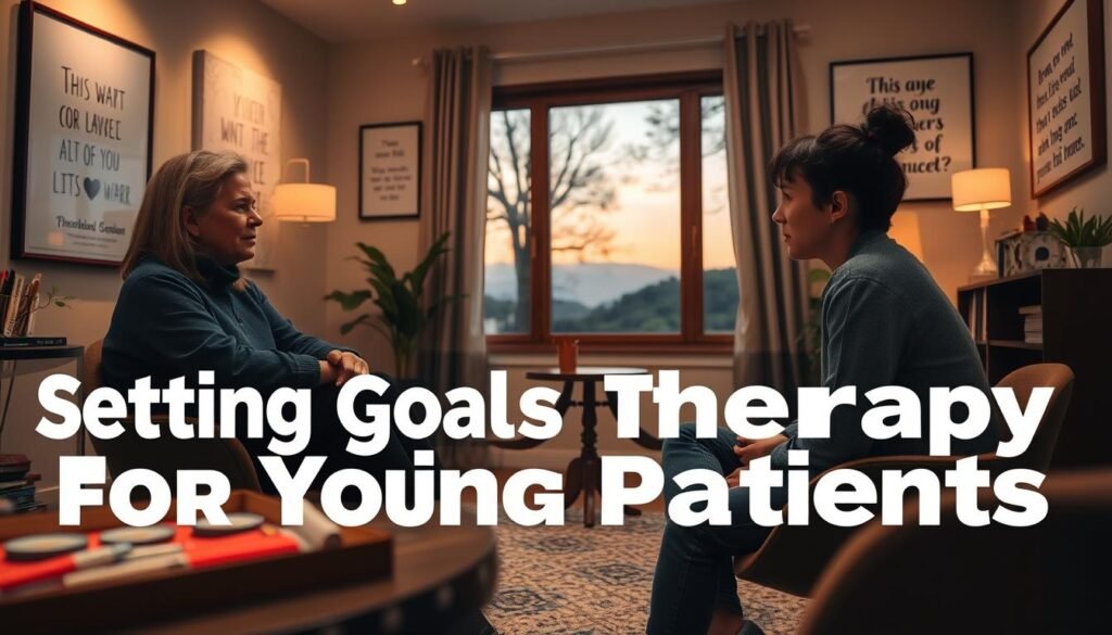 Setting goals for therapy for young patients: A scene of a therapist's office, with warm lighting and a calming atmosphere. In the foreground, a therapist sits across from a young patient, engaged in conversation, their expressions thoughtful and focused. On the walls, inspiring artwork and motivational quotes. The middle ground features a table with art supplies, suggesting creative therapeutic activities. In the background, a window overlooking a serene outdoor landscape, hinting at the restorative power of nature. The overall composition conveys a sense of trust, progress, and the collaborative nature of the therapeutic journey.
