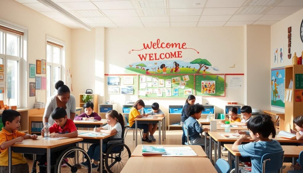 Sunny classroom with diverse students of different ages, ethnicities, and abilities working together on various hands-on educational activities. Large windows provide natural light, and vibrant educational posters and artwork adorn the walls. In the foreground, a teacher assists a student in a wheelchair, while others collaborate on a science experiment, engage in arts and crafts, or read books. The middle ground features a mix of desks, tables, and learning stations, fostering an inclusive and interactive learning environment. In the background, a colorful, welcoming mural depicts scenes of inclusivity and cooperation. The overall atmosphere is warm, engaging, and celebrates the unique strengths and needs of each student.