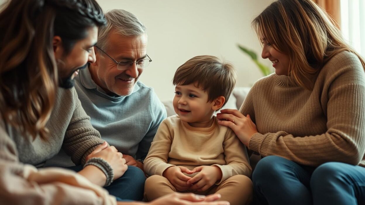 Warm-hearted family gathered around a young child on the autism spectrum, their expressions radiating support and understanding. A cozy, comforting living room scene, with soft lighting and muted tones. The child sits at the center, surrounded by loved ones offering guidance and reassurance through their gestures and body language. In the background, soothing textures and subtle details create a sense of safety and belonging. An uplifting, emotionally resonant image that captures the essence of the autism spectrum support journey.