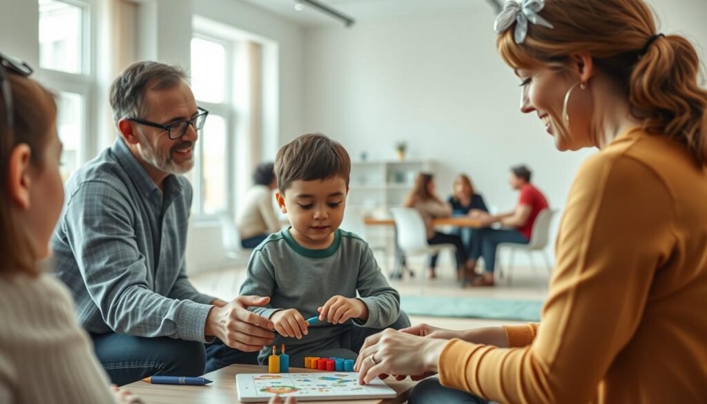 a detailed, photorealistic scene of a parent training session for autism support, set in a warm, inviting and modern learning environment. The foreground features a parent and a child with autism engaged in a one-on-one interactive learning activity, with the parent guiding and encouraging the child's participation. The middle ground shows a small group of parents and professionals gathered around a table, discussing strategies and techniques. The background depicts a spacious, well-lit room with floor-to-ceiling windows, natural lighting, and soothing pastel-colored walls. The overall atmosphere conveys a sense of care, understanding, and community support.