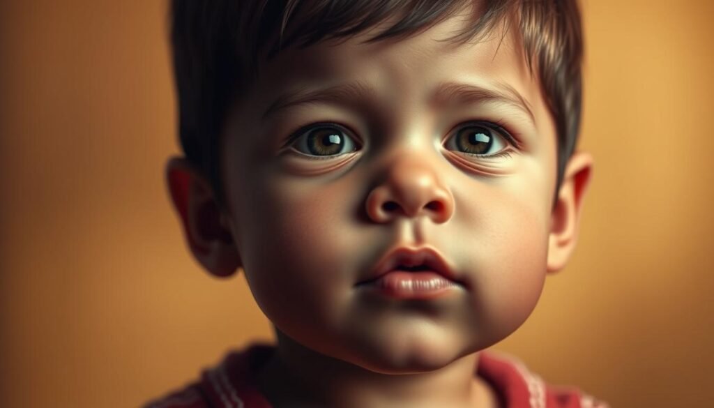 a highly detailed, hyper-realistic, 4k digital illustration of a young child's face, with a focused gaze and an expression of intense concentration, set against a softly blurred, warm-toned background. The child's features are rendered with precision, capturing the subtle nuances of their developing facial structure. The lighting is gentle, creating a sense of intimacy and calm. The overall composition draws the viewer's attention to the child's eyes, which convey a sense of curiosity and thoughtfulness, hinting at the early signs of autism that may be present. The image exudes a sense of wonder and the promise of early intervention and support.
