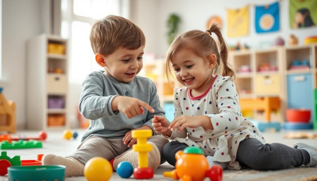 a young boy and girl playing together, engaging in joint attention activities to develop their social and communication skills. the scene is set in a brightly lit, warm and inviting playroom filled with colorful toys and educational materials. the children are sitting on the floor, making eye contact, pointing, and sharing focus on a shared object or activity. the boy's expression is one of curiosity and engagement, while the girl's face radiates joy and enthusiasm. the lighting is soft and natural, creating a calm and nurturing atmosphere. the camera angle is slightly above the children, capturing their interactions from an observational perspective.