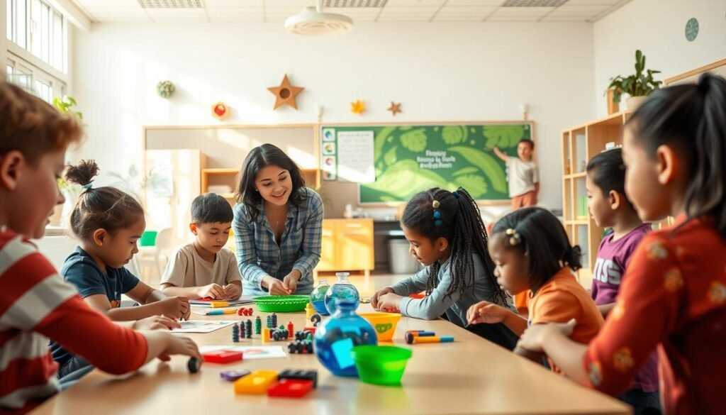 A bright, airy classroom setting with inclusive educational strategies for students on the autism spectrum. In the foreground, a group of diverse students engaged in hands-on, collaborative learning activities, using specialized sensory tools and visual aids. The middle ground features a teacher guiding the students, employing a calm, patient demeanor and adaptive teaching methods. The background showcases a vibrant, sensory-friendly environment with soft lighting, nature-inspired decor, and flexible seating options to accommodate different learning needs. An atmosphere of acceptance, understanding, and empowerment permeates the scene.