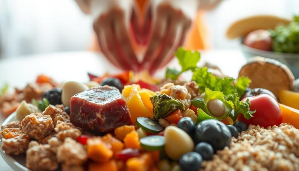 A brightly lit, close-up view of an assortment of foods representing sensory processing challenges for individuals with autism. In the foreground, a plate showcasing a variety of textures, colors, and shapes - from crunchy vegetables to smooth purees, vibrant fruits to muted grains. The middle ground features hands gently interacting with the food, conveying the tactile sensitivity and selective preferences. In the background, a soft, diffused lighting illuminates the scene, creating a calming, contemplative atmosphere. The overall composition emphasizes the nuanced relationship between sensory processing and food choices for those on the autism spectrum. A brightly lit, close-up view of an assortment of foods representing sensory processing challenges for individuals with autism. In the foreground, a plate showcasing a variety of textures, colors, and shapes - from crunchy vegetables to smooth purees, vibrant fruits to muted grains. The middle ground features hands gently interacting with the food, conveying the tactile sensitivity and selective preferences. In the background, a soft, diffused lighting illuminates the scene, creating a calming, contemplative atmosphere. The overall composition emphasizes the nuanced relationship between sensory processing and food choices for those on the autism spectrum.