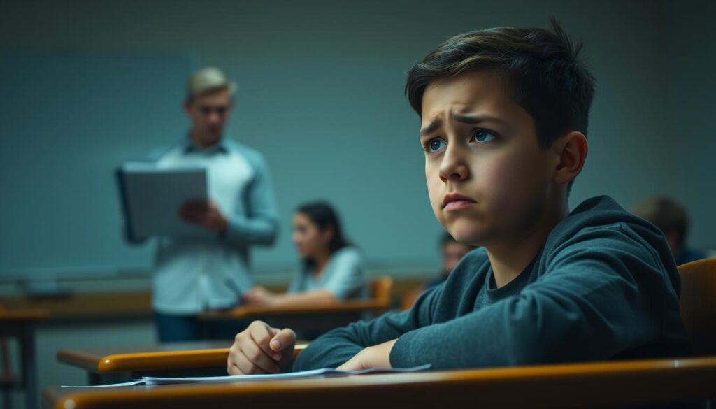 A classroom setting with a student sitting at a desk, looking anxious and overwhelmed. Their face shows signs of tension, with furrowed brows and a worried expression. The student's posture is tense, with their shoulders hunched and their hands clenched. In the background, a teacher or school counselor is observing the student, taking notes on a clipboard to monitor the student's physical symptoms of anxiety, such as rapid breathing, sweating, or trembling. The lighting is soft and muted, creating a sense of tension and unease. The angle is slightly elevated, giving the viewer a sense of the student's perspective and the weight of the situation.