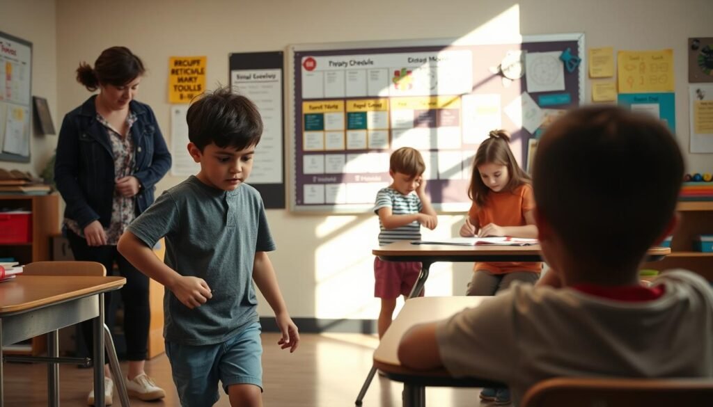 A classroom setting with autistic students transitioning between activities. In the foreground, a student nervously walks from their desk to a group work area, while a teacher gently guides them. In the middle ground, two students collaborate on a project, their faces focused and calm. The background shows a bulletin board with visual schedules and sensory tools, casting a soothing, natural light. The scene conveys the challenges and supports needed for smooth transitions in an autism-friendly educational environment.