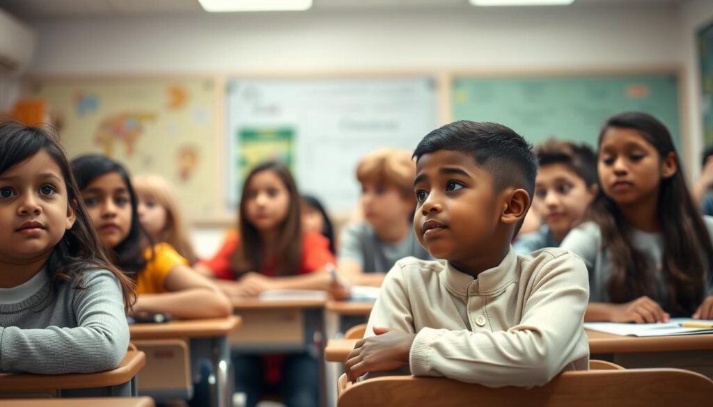 A classroom setting with diverse students, one of whom is a young boy with autism, seated at a desk with a thoughtful expression. The classroom has warm lighting, soft textures, and a serene atmosphere, reflecting the inclusive and accommodating nature of the environment. The boy's body language and gaze suggest a unique learning style, one that requires specialized attention and support from the teacher and peers. The scene conveys the challenges and opportunities faced by students with autism in a mainstream educational setting, highlighting the importance of understanding their distinct learning needs.