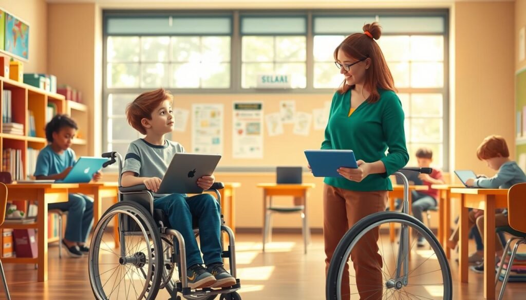 A classroom setting with students and a teacher, illustrating the concept of Section 504 accommodations. In the foreground, a student in a wheelchair is shown interacting with the teacher, who is providing personalized attention. In the middle ground, other students are engaged in various learning activities, with assistive technology visible, such as laptops and tablets. The background depicts educational resources and a welcoming, inclusive atmosphere, with natural lighting streaming through large windows. The overall scene conveys a sense of support, empowerment, and equal access to education for students with diverse needs.
