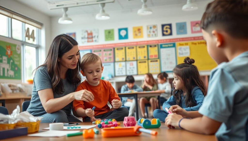 A classroom setting with students on the autism spectrum, surrounded by supportive educational materials and strategies. In the foreground, a teacher guiding a student one-on-one, using visual aids and manipulatives. In the middle ground, a group of students collaborating on a project, with fidget toys and sensory tools available. The background features a well-organized, calming environment with natural lighting, colorful posters, and flexible seating options. The overall atmosphere conveys a sense of inclusivity, understanding, and academic success.