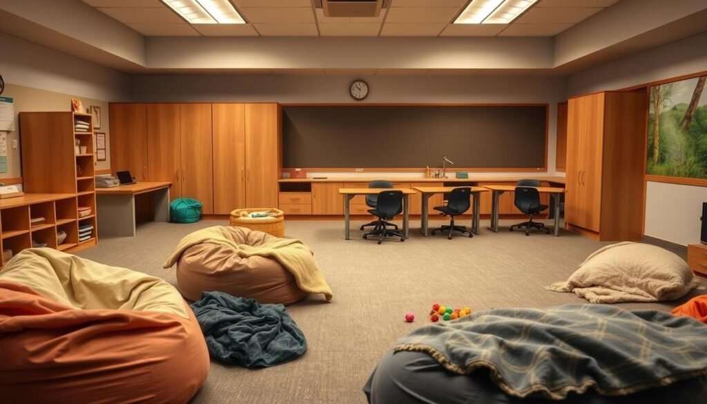 A cozy classroom setting with soft lighting, showcasing thoughtful modifications to support students with autism and sensory processing differences. In the foreground, beanbags, weighted blankets, and fidget toys create a calming environment. In the middle ground, adjustable desks and ergonomic chairs accommodate varied learning needs. The background features sound-dampening panels, soothing nature murals, and adjustable lighting to minimize sensory overwhelm. The overall atmosphere is warm, inviting, and designed to empower students to thrive. A cozy classroom setting with soft lighting, showcasing thoughtful modifications to support students with autism and sensory processing differences. In the foreground, beanbags, weighted blankets, and fidget toys create a calming environment. In the middle ground, adjustable desks and ergonomic chairs accommodate varied learning needs. The background features sound-dampening panels, soothing nature murals, and adjustable lighting to minimize sensory overwhelm. The overall atmosphere is warm, inviting, and designed to empower students to thrive.