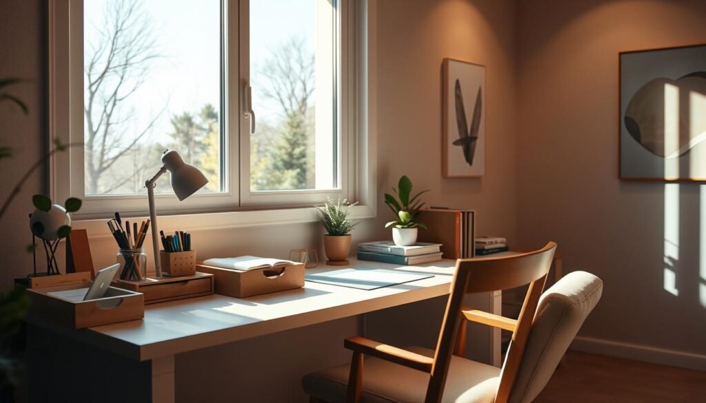 A cozy, sensory-friendly learning space with an organized desk setup. A large, sun-drenched window casts warm, natural light over a minimalist, clutter-free workspace. The desk features a calming color palette of soft greys and natural wood tones, with a plush, cushioned chair for comfort. Carefully curated organizational tools like pen holders, document trays, and a small potted plant create a sense of order and tranquility. The background showcases neutral-toned walls adorned with soothing, abstract wall art. Soft, indirect lighting from concealed sources gently illuminates the space, fostering a focused, yet relaxing atmosphere ideal for productivity and learning.