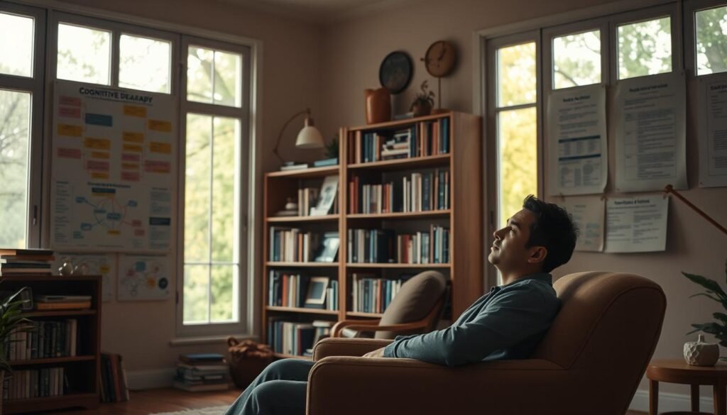 A cozy, softly-lit home study with warm, muted tones. In the foreground, a person sitting comfortably on a plush armchair, deep in contemplation, their face reflecting a sense of inner calm and focus. On the walls, an array of therapeutic tools and diagrams illustrating the principles of cognitive behavioral therapy - colorful mind maps, thought charts, and cognitive distortion visualizations. In the middle ground, bookshelves filled with psychology texts and self-help guides. The background is a tranquil, nature-inspired setting, with soft, diffused lighting filtering through large windows, conveying a sense of serenity and mental wellness.