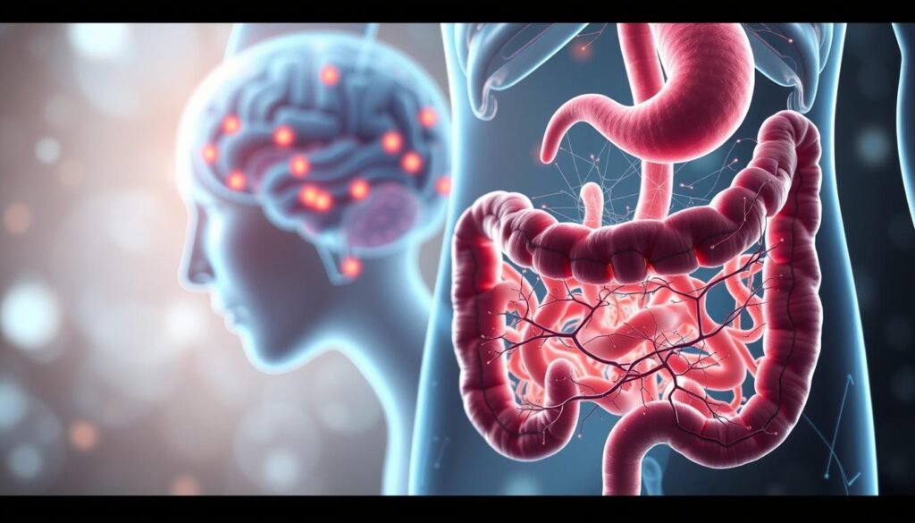 A detailed anatomical illustration depicting the gut-brain connection in autism spectrum disorder (ASD). In the foreground, a cross-section of the digestive system shows the intricate neural pathways connecting the gut to the brain. Mid-ground, a detailed rendering of the brain, with highlighted regions associated with ASD, reveals the bidirectional communication between the two systems. In the background, a soft, ethereal glow emanates, creating a sense of depth and emphasizing the complex and delicate nature of this physiological relationship. The lighting is soft and diffused, casting subtle shadows to enhance the depth and three-dimensionality of the image. The overall mood is one of scientific curiosity and a deeper understanding of the profound impact of the gut-brain axis on the ASD experience.
