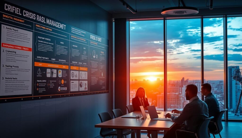 A detailed timeline depicting the critical stages of crisis management, set against a backdrop of a modern, well-lit office environment. In the foreground, a large wall display showcases safety protocols and emergency procedures, presented in a clear, easy-to-follow infographic style. The middle ground features a team of professionals engaged in intense discussions, huddled around a conference table, their expressions conveying a sense of urgency and focus. In the background, a panoramic view of the cityscape outside the office windows, bathed in the warm glow of the setting sun, symbolizing the stability and resilience that can be achieved through effective crisis management. A detailed timeline depicting the critical stages of crisis management, set against a backdrop of a modern, well-lit office environment. In the foreground, a large wall display showcases safety protocols and emergency procedures, presented in a clear, easy-to-follow infographic style. The middle ground features a team of professionals engaged in intense discussions, huddled around a conference table, their expressions conveying a sense of urgency and focus. In the background, a panoramic view of the cityscape outside the office windows, bathed in the warm glow of the setting sun, symbolizing the stability and resilience that can be achieved through effective crisis management.