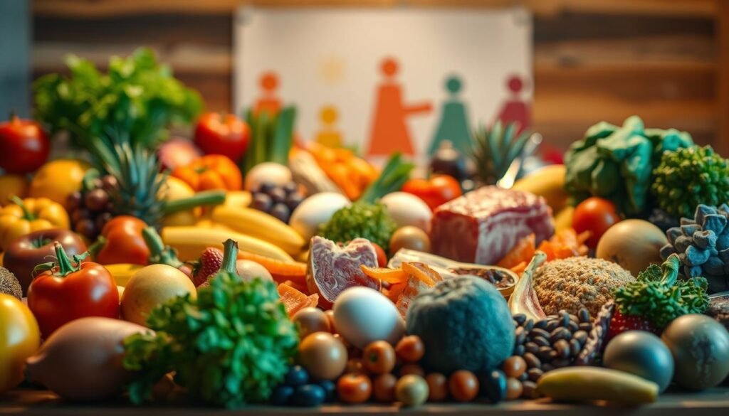 A detailed visual guide showcasing the essential nutritional needs and considerations for individuals on the autism spectrum. In the foreground, an array of vibrant, diverse fruits and vegetables are artfully arranged, representing the core components of a balanced, autism-friendly diet. In the middle ground, various protein sources such as lean meats, eggs, and legumes are highlighted, emphasizing their importance for physical and cognitive development. The background features a soft, blurred illustration of the autism spectrum, symbolizing the personalized approach required to address the unique nutritional needs of this population. The lighting is warm and inviting, creating a sense of comfort and accessibility. Captured with a wide-angle lens, the image conveys a comprehensive, holistic perspective on the topic.