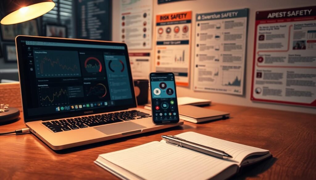 A detailed workspace displaying a variety of personal safety assessment tools. In the foreground, a laptop displays risk evaluation software, its interface showing intuitive graphs and statistics. Alongside it, a smartphone displays a safety app with location tracking and emergency features. In the middle ground, a notebook and pen rest on a wooden desk, ready for jotting down notes and observations. The background features informative posters and wall charts outlining safety protocols and risk mitigation strategies. The lighting is warm and focused, creating a contemplative atmosphere for careful evaluation of one's current crisis level. A detailed workspace displaying a variety of personal safety assessment tools. In the foreground, a laptop displays risk evaluation software, its interface showing intuitive graphs and statistics. Alongside it, a smartphone displays a safety app with location tracking and emergency features. In the middle ground, a notebook and pen rest on a wooden desk, ready for jotting down notes and observations. The background features informative posters and wall charts outlining safety protocols and risk mitigation strategies. The lighting is warm and focused, creating a contemplative atmosphere for careful evaluation of one's current crisis level.
