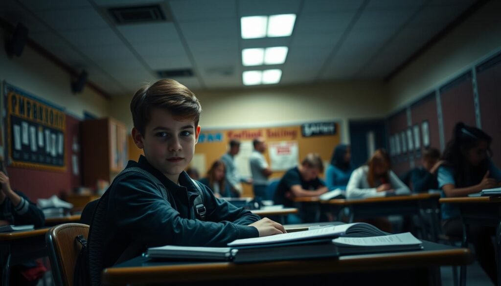 A dimly lit classroom, the overhead lights casting a soft, warm glow. In the foreground, a student with autism sits at a desk, brow furrowed in concentration, surrounded by the familiar trappings of school life - textbooks, stationery, and a backpack. The middle ground reveals other students engaged in various activities, some interacting, others working independently. The background is blurred, hinting at the larger school environment - lockers, posters on the walls, and the occasional teacher or staff member passing by. The scene conveys a sense of sensory overload, the student's focus strained by the constant stimuli of the classroom. The lighting and composition suggest the neurological challenges autistic students face during school transitions, as they struggle to adapt to the ever-changing academic landscape.