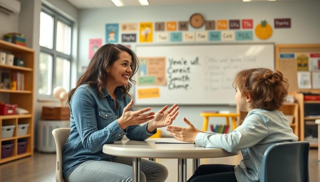 A friendly, open-body-language parent and teacher conversing in a well-lit, welcoming classroom setting. The parent and teacher are seated at a small table, making eye contact and gesturing animatedly. The classroom is filled with educational materials, inspirational posters, and a large whiteboard in the background. The overall mood is one of collaboration, trust, and a shared commitment to the student's success. The scene is captured with a slightly elevated, wide-angle lens to convey a sense of warmth and inclusive dialogue.