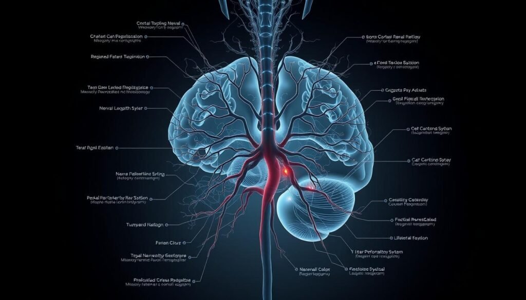 A highly detailed, anatomically accurate diagram showcasing the intricate pathways and mechanisms of the nervous system's role in emotional regulation. Rendered in a sleek, technical style with precise linework, smooth gradients, and a muted color palette to convey a sense of scientific profundity. The image depicts the complex interplay between the central and peripheral nervous systems, highlighting the key neural circuits, neurotransmitters, and feedback loops that modulate mood, stress response, and cognitive-emotional integration. The composition features a cutaway cross-section view to reveal the deep structures, while maintaining a sense of depth and visual balance. Soft, directional lighting casts subtle shadows to accentuate the dimensional forms, lending an authoritative, almost surgical aesthetic. The overall impression is one of deep physiological insight into the mechanisms underlying the body's remarkable capacity for emotional self-regulation. A highly detailed, anatomically accurate diagram showcasing the intricate pathways and mechanisms of the nervous system's role in emotional regulation. Rendered in a sleek, technical style with precise linework, smooth gradients, and a muted color palette to convey a sense of scientific profundity. The image depicts the complex interplay between the central and peripheral nervous systems, highlighting the key neural circuits, neurotransmitters, and feedback loops that modulate mood, stress response, and cognitive-emotional integration. The composition features a cutaway cross-section view to reveal the deep structures, while maintaining a sense of depth and visual balance. Soft, directional lighting casts subtle shadows to accentuate the dimensional forms, lending an authoritative, almost surgical aesthetic. The overall impression is one of deep physiological insight into the mechanisms underlying the body's remarkable capacity for emotional self-regulation.