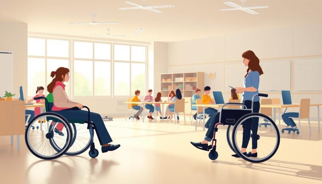 A modern, minimalist illustration of a disability support framework in a school setting. In the foreground, a student in a wheelchair interacts with a teacher, showcasing inclusive educational practices. The middle ground features a diverse group of students collaborating, with accessible workstations and assistive technologies. The background depicts a sunlit, airy classroom with large windows, promoting a sense of openness and inclusivity. The lighting is soft and natural, evoking a welcoming and supportive atmosphere. The overall composition emphasizes the importance of tailored educational plans and the integration of disability support within the school environment.