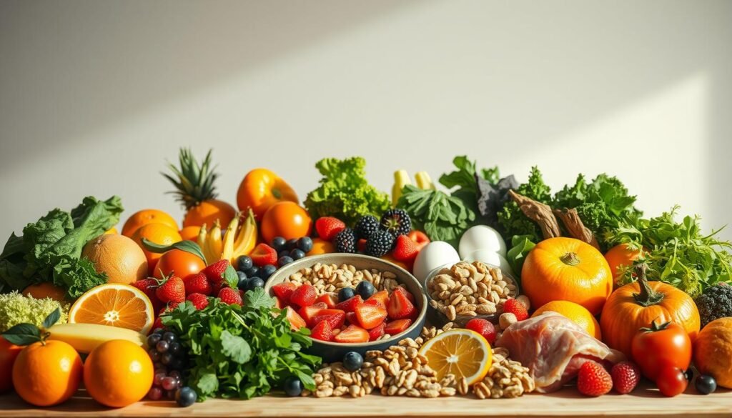 A nourishing spread of vibrant, wholesome ingredients arranged in a thoughtful composition, illuminated by warm, natural lighting that casts a gentle glow. In the foreground, a variety of colorful fruits and vegetables, including leafy greens, berries, and citrus, symbolizing the diverse, nutrient-dense foods that form the foundation of an autism-friendly nutrition plan. In the middle ground, a selection of protein-rich foods like eggs, nuts, and lean meats, providing essential building blocks for brain and body. In the background, a soothing, minimalist backdrop, allowing the star ingredients to shine and communicate the calm, intentional approach to supporting an individual's unique dietary needs. A nourishing spread of vibrant, wholesome ingredients arranged in a thoughtful composition, illuminated by warm, natural lighting that casts a gentle glow. In the foreground, a variety of colorful fruits and vegetables, including leafy greens, berries, and citrus, symbolizing the diverse, nutrient-dense foods that form the foundation of an autism-friendly nutrition plan. In the middle ground, a selection of protein-rich foods like eggs, nuts, and lean meats, providing essential building blocks for brain and body. In the background, a soothing, minimalist backdrop, allowing the star ingredients to shine and communicate the calm, intentional approach to supporting an individual's unique dietary needs.