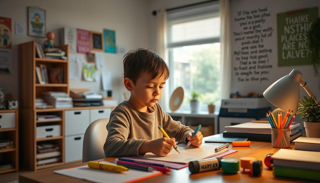 A serene home workspace with an autistic child working on their homework, surrounded by visual aids, fidget toys, and calming natural lighting. The child is focused, using specialized learning tools like highlighters, timers, and a distraction-free desk setup. In the background, educational resources and inspirational quotes are displayed, creating a supportive and nurturing environment. The scene conveys a sense of structure, patience, and personalized strategies to help the child excel academically.