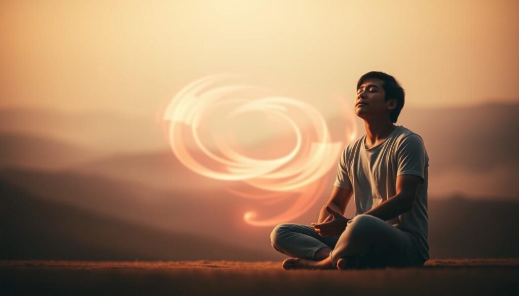A serene, introspective scene depicting the emotional intelligence and awareness process. In the foreground, a person sits cross-legged, eyes closed, hands resting gently on their lap, exuding a sense of calm and focus. The middle ground features a swirling, ethereal energy, visualizing the ebb and flow of emotions, represented by soft, pastel hues. In the background, a muted, dreamlike landscape unfolds, suggesting the depth and complexity of the inner emotional landscape. Warm, diffused lighting illuminates the scene, creating a contemplative, almost meditative atmosphere. Captured through a slightly tilted, intimate lens, the image invites the viewer to pause, reflect, and connect with the nuances of emotional intelligence.