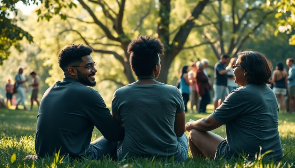 A serene, sun-dappled scene of a group of diverse individuals gathered in a lush, verdant park. In the foreground, three people sit in a relaxed circle, engaged in animated conversation, their expressions open and supportive. In the middle ground, a couple embraces, drawing strength and comfort from each other's presence. In the background, a larger group mingles, their body language suggesting a sense of community and mutual understanding. Warm, soft lighting filters through the canopy of trees, creating a cozy, inviting atmosphere that reflects the theme of social connection and mental resilience. A serene, sun-dappled scene of a group of diverse individuals gathered in a lush, verdant park. In the foreground, three people sit in a relaxed circle, engaged in animated conversation, their expressions open and supportive. In the middle ground, a couple embraces, drawing strength and comfort from each other's presence. In the background, a larger group mingles, their body language suggesting a sense of community and mutual understanding. Warm, soft lighting filters through the canopy of trees, creating a cozy, inviting atmosphere that reflects the theme of social connection and mental resilience.