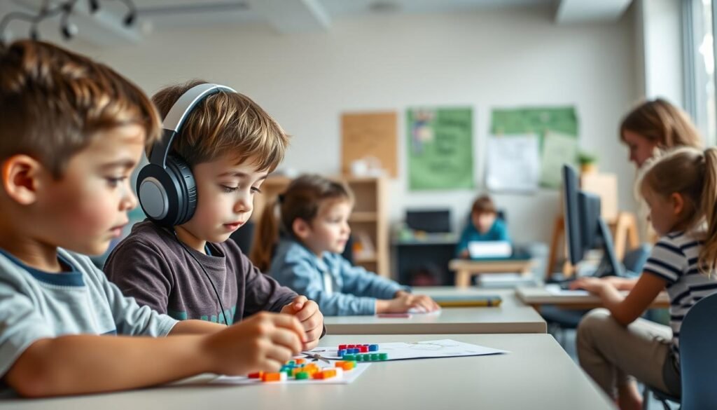 A serene, well-lit classroom with autistic students of diverse ages and abilities, each engaged in tailored learning activities. In the foreground, a young student with sensory-friendly headphones concentrates intently on a hands-on project, while in the middle ground, a group collaborates on a computer-based lesson, guided by an attentive teacher. The background reveals a calming, low-stimulation environment with soothing wall colors, soft natural lighting, and sensory-friendly furnishings that accommodate the unique needs of the autistic learners. The overall atmosphere conveys a sense of understanding, inclusivity, and academic progress within this specialized educational setting.
