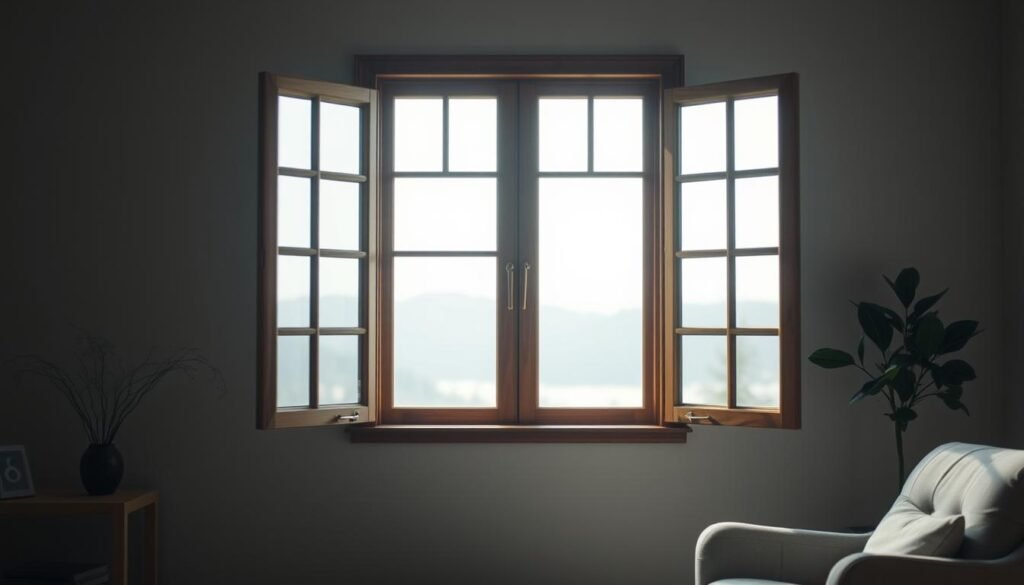 A softly lit window frame, its wooden mullions casting gentle shadows, serves as the centerpiece of a serene interior scene. The window's glass panes offer a serene, out-of-focus view of a tranquil landscape beyond, symbolizing the "window of tolerance" - the emotional space where one can process and regulate feelings without becoming overwhelmed. The room's muted color palette and soft ambient lighting create a calming, introspective atmosphere, inviting the viewer to pause and reflect on the ebb and flow of emotions. Carefully placed objects, such as a potted plant or a cozy armchair, hint at the balanced, grounded state of emotional regulation. The overall composition conveys a sense of balance, clarity, and the ability to remain present within one's emotional experience.