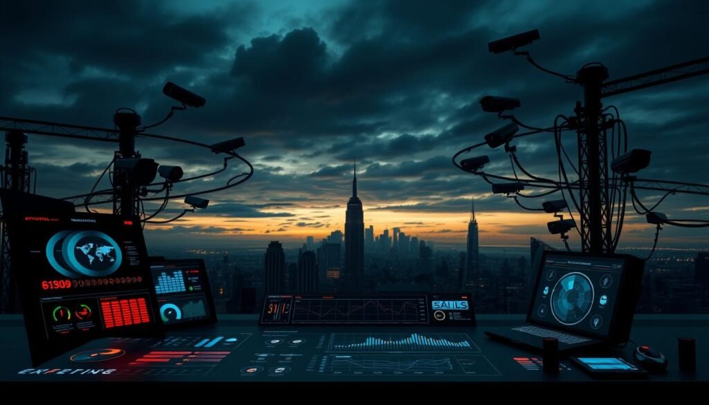 A sophisticated early indicators detection system, featuring an array of sensors and analytical modules. The foreground displays a sleek, high-tech dashboard with glowing indicators, charts, and real-time data visualizations. In the middle ground, a network of interconnected devices and surveillance cameras monitor the environment. The background depicts a cityscape silhouetted against a dramatic, moody sky, conveying a sense of urgency and the need for vigilance. The lighting is stark and directional, casting dramatic shadows and highlighting the technological prowess of the system. The overall tone is one of anticipation, with the system poised to detect and respond to emerging threats.