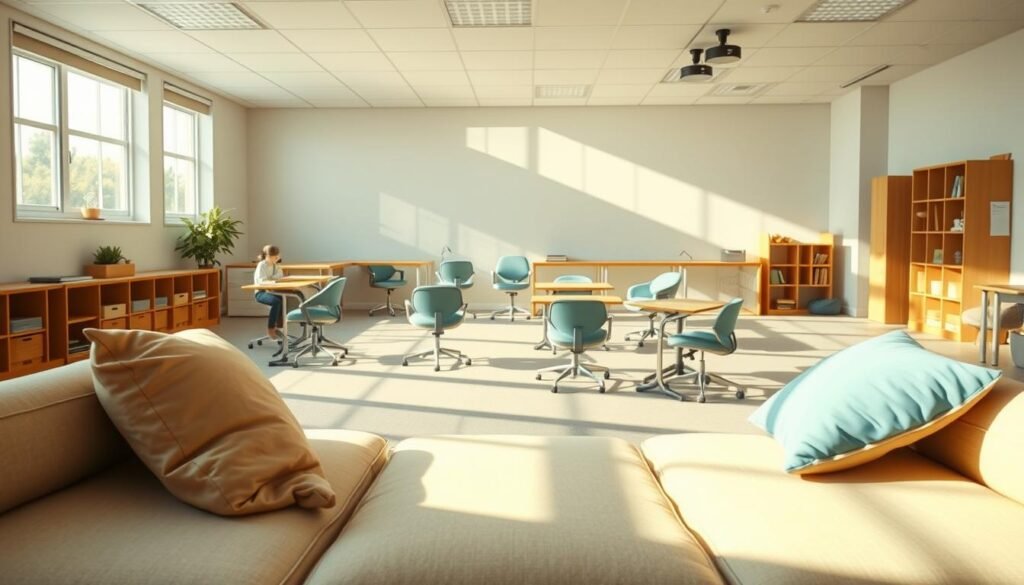 A sun-filled, spacious autism-friendly classroom with specialized seating arrangements. In the foreground, a low-profile flexible seating area with soft, tactile cushions and pillows in calming colors. In the middle ground, ergonomic wobble chairs and standing desks allow for movement and sensory input. The background features a cozy nook with beanbags and a bookshelf, bathed in warm, indirect lighting. The overall atmosphere is serene, welcoming, and designed to support diverse learning needs and sensory preferences. A sun-filled, spacious autism-friendly classroom with specialized seating arrangements. In the foreground, a low-profile flexible seating area with soft, tactile cushions and pillows in calming colors. In the middle ground, ergonomic wobble chairs and standing desks allow for movement and sensory input. The background features a cozy nook with beanbags and a bookshelf, bathed in warm, indirect lighting. The overall atmosphere is serene, welcoming, and designed to support diverse learning needs and sensory preferences.
