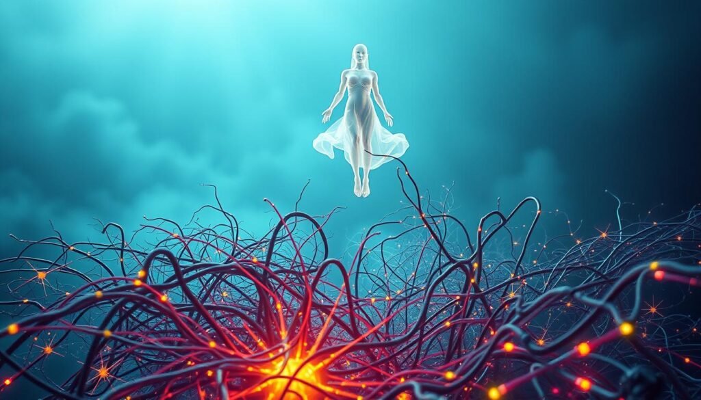 A surreal landscape of the mind, where thoughts and emotions intertwine. In the foreground, a tangled web of neural pathways and synaptic connections, pulsing with energy and vibrant colors. Floating above, a translucent, ethereal figure representing the emotional reality, its form shifting and morphing with the flow of consciousness. The background is a dreamlike expanse, hazy and indistinct, suggesting the subconscious depths from which these thoughts and feelings emerge. Soft, diffused lighting casts a contemplative, introspective mood, inviting the viewer to explore the complex and intangible nature of the thought-belief loop.