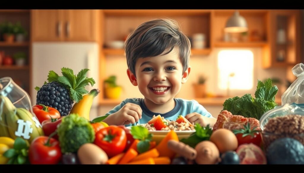 A vibrant and informative illustration showcasing the unique nutritional needs of autistic children. In the foreground, an assortment of wholesome, nutrient-rich foods - fresh fruits, vegetables, whole grains, and lean proteins - arranged in a visually appealing manner. In the middle ground, a child with autism, their face expressing a sense of joy and contentment, enjoying a balanced meal. The background features a soothing, warm-toned environment, perhaps a cozy kitchen or dining room, illuminated by soft, natural lighting. The overall scene conveys a sense of nourishment, well-being, and understanding of the specific dietary requirements for this special population.