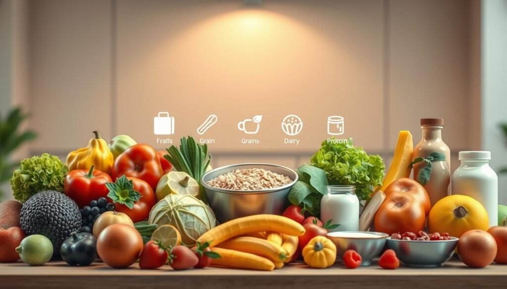 A vibrant, digital illustration depicting the essential food groups for healthy eating. In the foreground, a vibrant and inviting display of various foods - fresh fruits, crisp vegetables, hearty grains, lean proteins, and dairy products - arranged in a visually appealing manner. The background is a clean, modern backdrop, with soft, warm lighting that enhances the overall mood of the image. The composition is balanced, with the food items and icons arranged in a visually striking and informative layout, making it an ideal visual aid for an article on building a balanced diet for children.