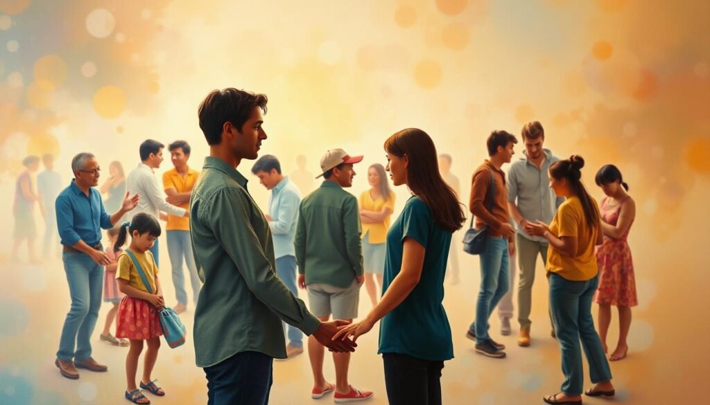 A vibrant painting depicting the intricacies of human connection and psychological wellbeing. In the foreground, two figures stand face to face, their hands gently touching, conveying a sense of intimacy and understanding. The middle ground features a diverse group of people engaged in various interactions, some playful, others pensive, all representing the tapestry of interpersonal relationships. The background is softly blurred, creating a dreamlike atmosphere, with hints of warm, diffused lighting casting a soothing glow over the scene. The overall composition evokes a sense of harmony, emotional depth, and the profound importance of human connection in our lives. A vibrant painting depicting the intricacies of human connection and psychological wellbeing. In the foreground, two figures stand face to face, their hands gently touching, conveying a sense of intimacy and understanding. The middle ground features a diverse group of people engaged in various interactions, some playful, others pensive, all representing the tapestry of interpersonal relationships. The background is softly blurred, creating a dreamlike atmosphere, with hints of warm, diffused lighting casting a soothing glow over the scene. The overall composition evokes a sense of harmony, emotional depth, and the profound importance of human connection in our lives.