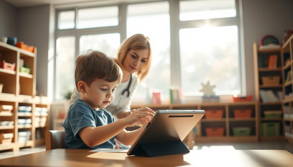 A warm, inviting classroom setting with natural lighting streaming through large windows. In the foreground, a child with autism sits at a small desk, intently focused on a personalized learning tool - a tablet device with tailored educational apps and games. The middle ground features a teacher or educational specialist, guiding the child with a gentle, patient demeanor. In the background, shelves filled with specialized learning resources and assistive technologies create a sense of a nurturing, supportive environment designed for individualized autism assessment and skill-building. The overall atmosphere conveys a feeling of empowerment, progress, and a strong foundation for academic success.