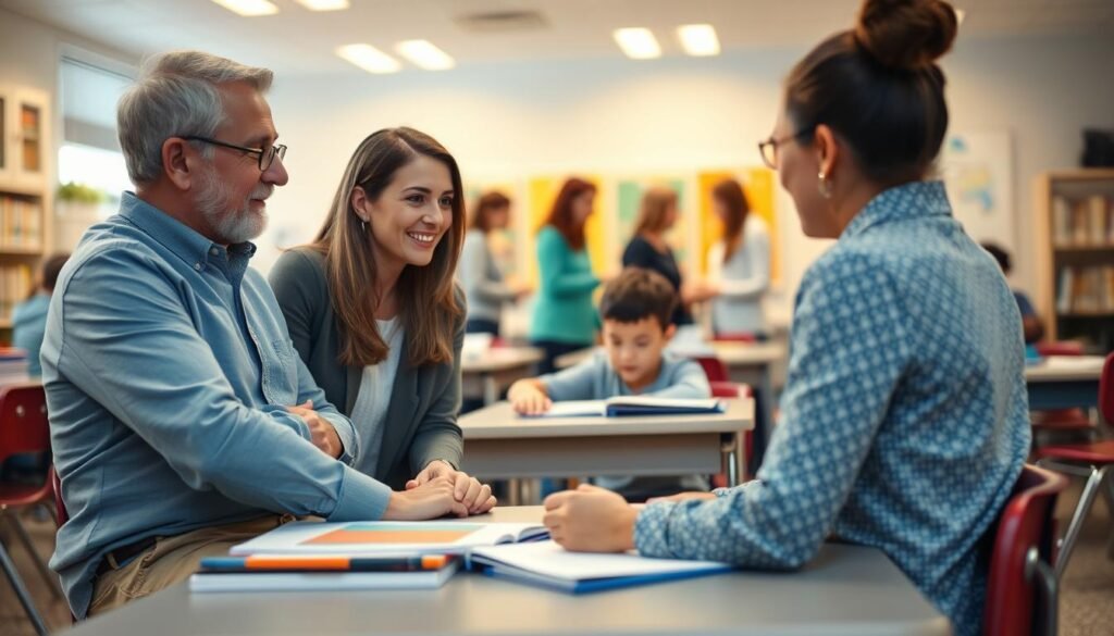 A warm, well-lit classroom setting. In the foreground, a parent and teacher sit together, engaged in a thoughtful discussion, their body language conveying collaboration and understanding. In the middle ground, a student with autism spectrum disorder sits at a desk, surrounded by educational materials and assistive technologies that support their learning. The background depicts other teachers and parents interacting, creating a sense of an inclusive, supportive community. The overall atmosphere is one of harmony, empathy, and a shared commitment to the child's educational and developmental needs.
