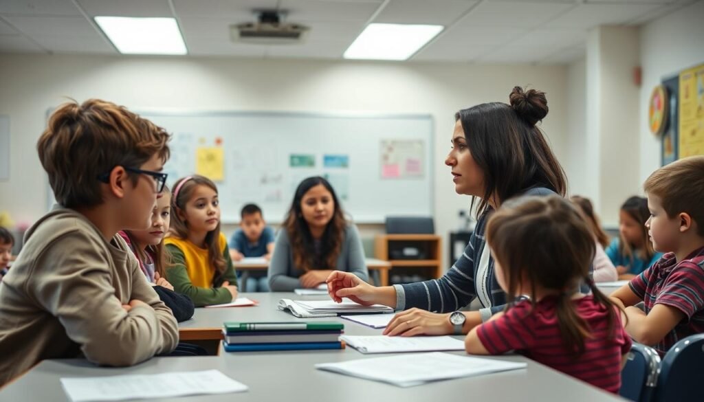 A well-lit, clean and modern classroom setting with a teacher and a group of students of varying ages and abilities. The teacher is sitting at a desk, engaging with the students, explaining the special education eligibility process using visual aids and interactive materials. The students are attentive, some taking notes, others participating actively. The atmosphere is calm, focused and collaborative, conveying the professional, yet welcoming nature of the special education services. The lighting is soft and even, highlighting the faces of the individuals. The camera angle is slightly elevated, providing a clear view of the classroom activities.