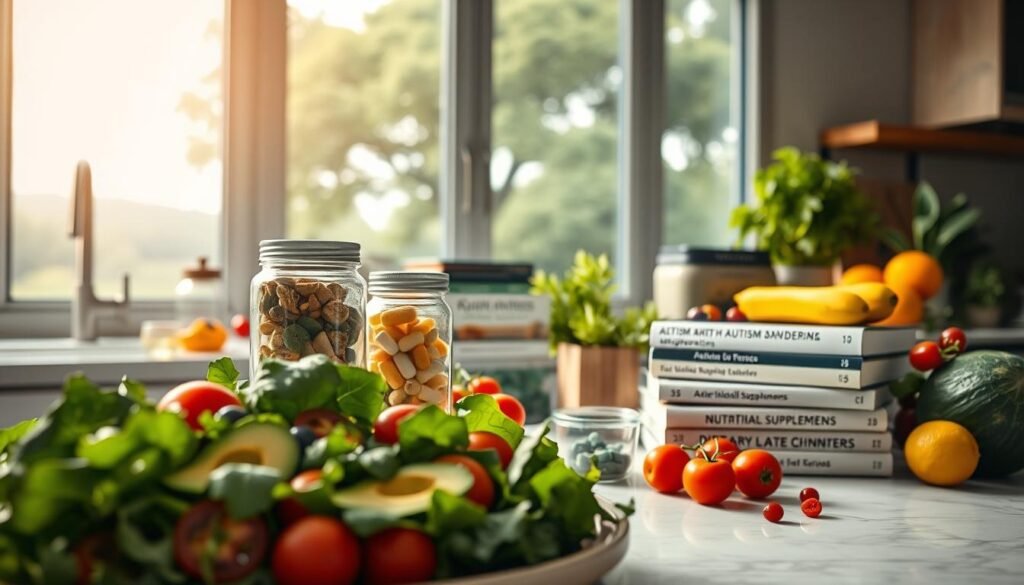 A well-lit, high-resolution image of a bright, airy kitchen countertop with an assortment of fresh, organic fruits, vegetables, and supplements. In the foreground, a colorful salad with leafy greens, tomatoes, and avocado is prominently displayed. In the middle ground, a glass jar filled with various nutritional supplements and a stack of informative books on autism and dietary interventions. The background features a large window overlooking a lush, natural landscape, bathing the scene in warm, natural lighting. The overall mood is one of tranquility, health, and a holistic approach to supporting individuals with autism spectrum disorder through nutritional therapy.