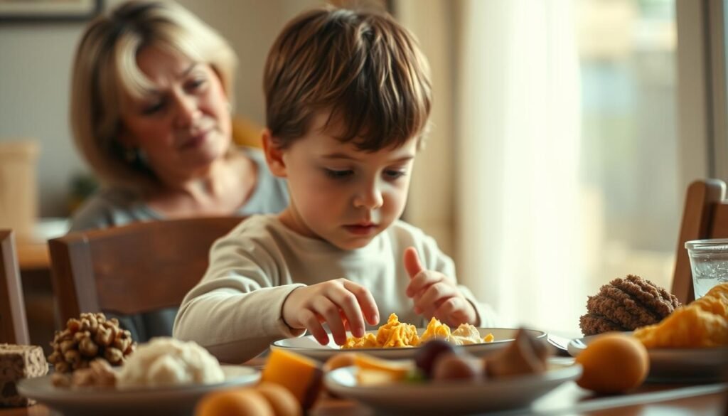 An intimate scene of an autistic child's mealtime, captured in a warm, natural light. In the foreground, the child sits at a table, surrounded by a variety of textured, sensory-friendly foods, each item carefully arranged to accommodate their unique preferences. The middle ground reveals the child's focused gaze, their hands delicately exploring the textures and temperatures, navigating the experience with a deliberate, almost meditative attention. In the background, a caring parent or caregiver observes, their expression reflecting a deep understanding and empathy for the child's neurodivergent eating patterns. The scene conveys a sense of patience, acceptance, and the gentle embrace of a nurturing environment. An intimate scene of an autistic child's mealtime, captured in a warm, natural light. In the foreground, the child sits at a table, surrounded by a variety of textured, sensory-friendly foods, each item carefully arranged to accommodate their unique preferences. The middle ground reveals the child's focused gaze, their hands delicately exploring the textures and temperatures, navigating the experience with a deliberate, almost meditative attention. In the background, a caring parent or caregiver observes, their expression reflecting a deep understanding and empathy for the child's neurodivergent eating patterns. The scene conveys a sense of patience, acceptance, and the gentle embrace of a nurturing environment.
