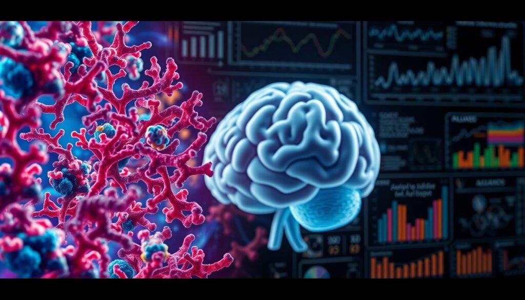 Detailed research findings on the microbiome-autism connection, depicted as a digital collage. In the foreground, a magnified view of gut microbiota, with vibrant colors and intricate patterns. In the middle ground, a human brain model with interconnected neural pathways, representing the complex relationship between the gut and the brain. In the background, scientific charts, graphs, and diagrams highlighting the latest research insights. Dramatic lighting casts shadows and highlights the depth of the subject matter. Captured with a high-resolution camera lens, the image conveys the seriousness and importance of this scientific field. Detailed research findings on the microbiome-autism connection, depicted as a digital collage. In the foreground, a magnified view of gut microbiota, with vibrant colors and intricate patterns. In the middle ground, a human brain model with interconnected neural pathways, representing the complex relationship between the gut and the brain. In the background, scientific charts, graphs, and diagrams highlighting the latest research insights. Dramatic lighting casts shadows and highlights the depth of the subject matter. Captured with a high-resolution camera lens, the image conveys the seriousness and importance of this scientific field.