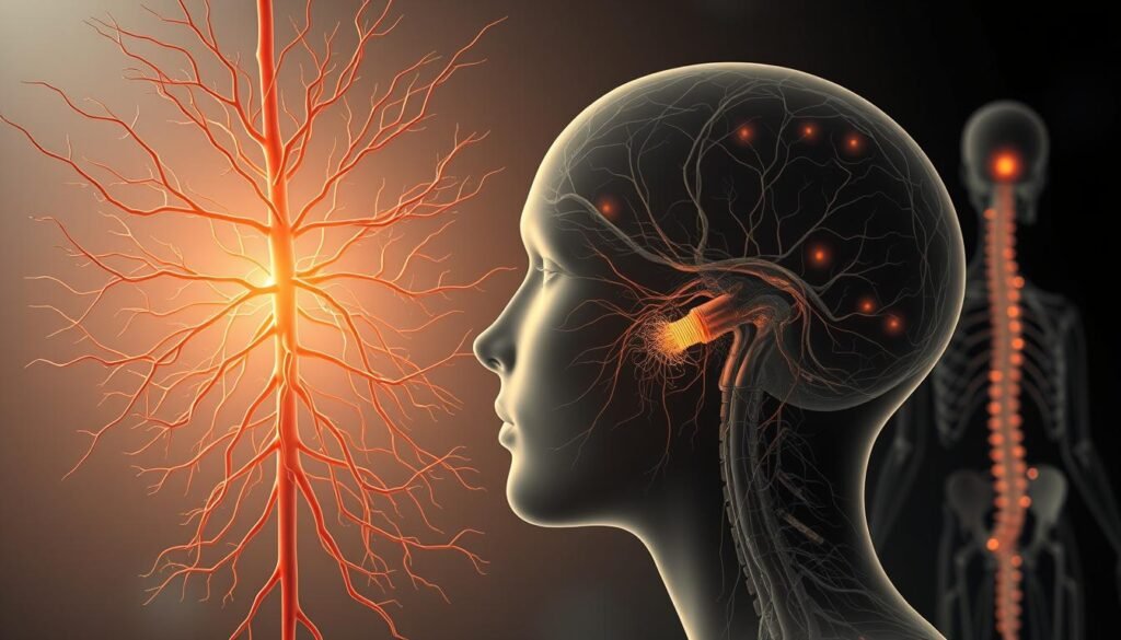 Polyvagal theory: a detailed illustration of the nervous system's intricate interplay, with the parasympathetic and sympathetic branches elegantly depicted. In the foreground, the vagus nerve's calming influence radiates, its intricate pathways guiding emotional regulation. The middle ground showcases the limbic system, the emotional command center, pulsing with neural activity. In the background, the spinal cord and sympathetic nervous system stand as the foundations, powering physiological responses. Soft, muted tones create a contemplative atmosphere, inviting the viewer to explore the delicate balance that shapes our emotional landscape. Rendered with a photorealistic style, the image captures the dynamic complexity of the nervous system's role in mood and well-being. Polyvagal theory: a detailed illustration of the nervous system's intricate interplay, with the parasympathetic and sympathetic branches elegantly depicted. In the foreground, the vagus nerve's calming influence radiates, its intricate pathways guiding emotional regulation. The middle ground showcases the limbic system, the emotional command center, pulsing with neural activity. In the background, the spinal cord and sympathetic nervous system stand as the foundations, powering physiological responses. Soft, muted tones create a contemplative atmosphere, inviting the viewer to explore the delicate balance that shapes our emotional landscape. Rendered with a photorealistic style, the image captures the dynamic complexity of the nervous system's role in mood and well-being.